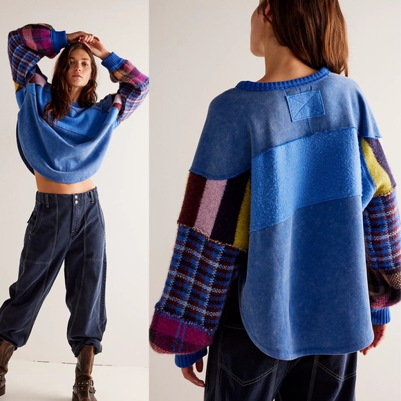 Free People Sweaters - We The Free Easy On Me Pullover Patchwork Top Sz XS Blue Multicolor Cozy Style